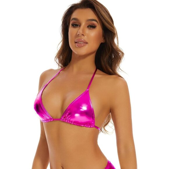 🆕Women's Pink Metallic Halter Crop Top Shiny Triangle Bralette Rave Bra - Picture 3 of 3